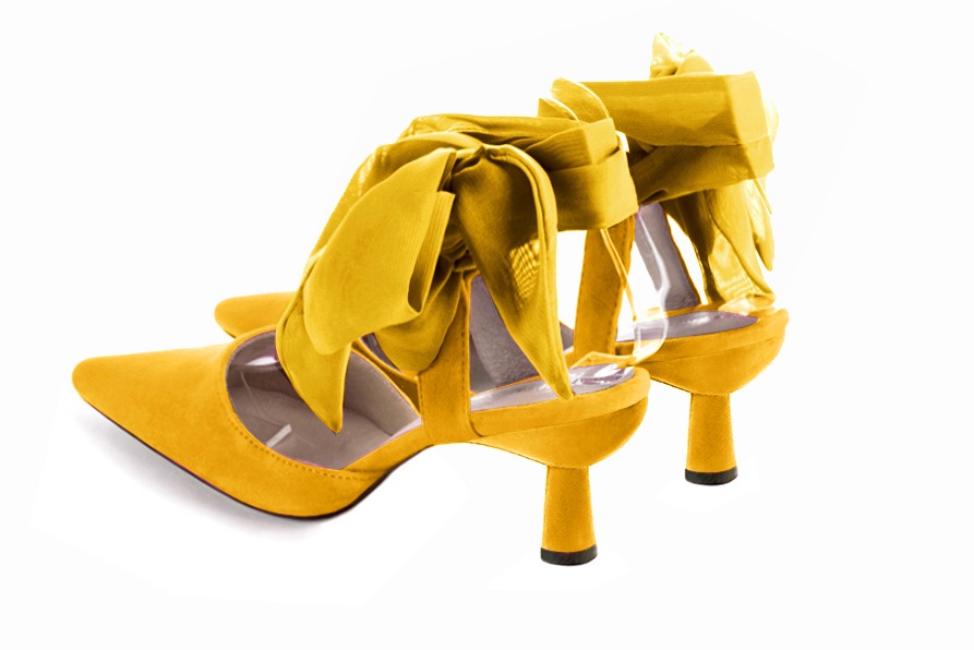 Yellow women's open back shoes, with an ankle scarf. Tapered toe. Medium spool heels. Rear view - Florence KOOIJMAN